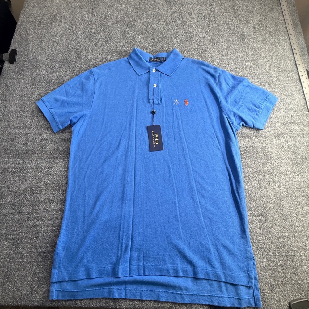 Polo Ralph Lauren Mens Blue Short Sleeve Pique Polo Shirt Orange Pony Size L NWT